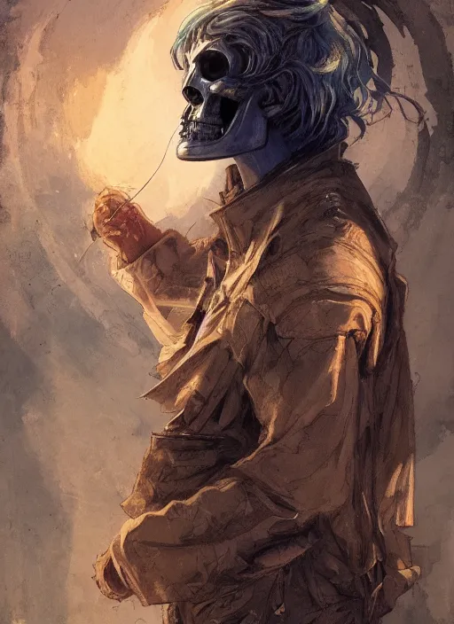 Prompt: a portrait of a male character who has the nose of a skull in a scenic environment by Ross Tran and by Jesper Ejsing and by Mikalojus Konstantinas Ciurlionis