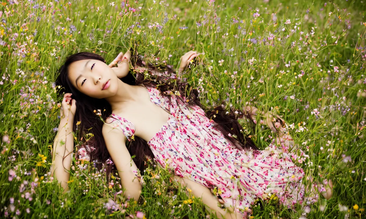 Image similar to a beautiful young Asian woman lying in a field of wildflowers, wearing a sun dress, portrait, dreamy, cinematic, depth of field, glow