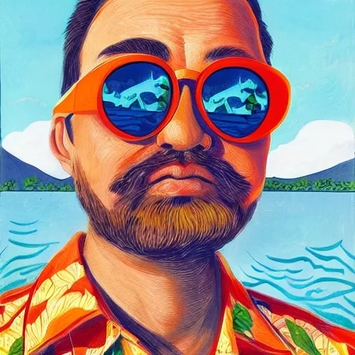 Prompt: portrait of a man with sunglasses wearing an hawaiian shirt, by louis wain, simon stalenhag, trending on artstation