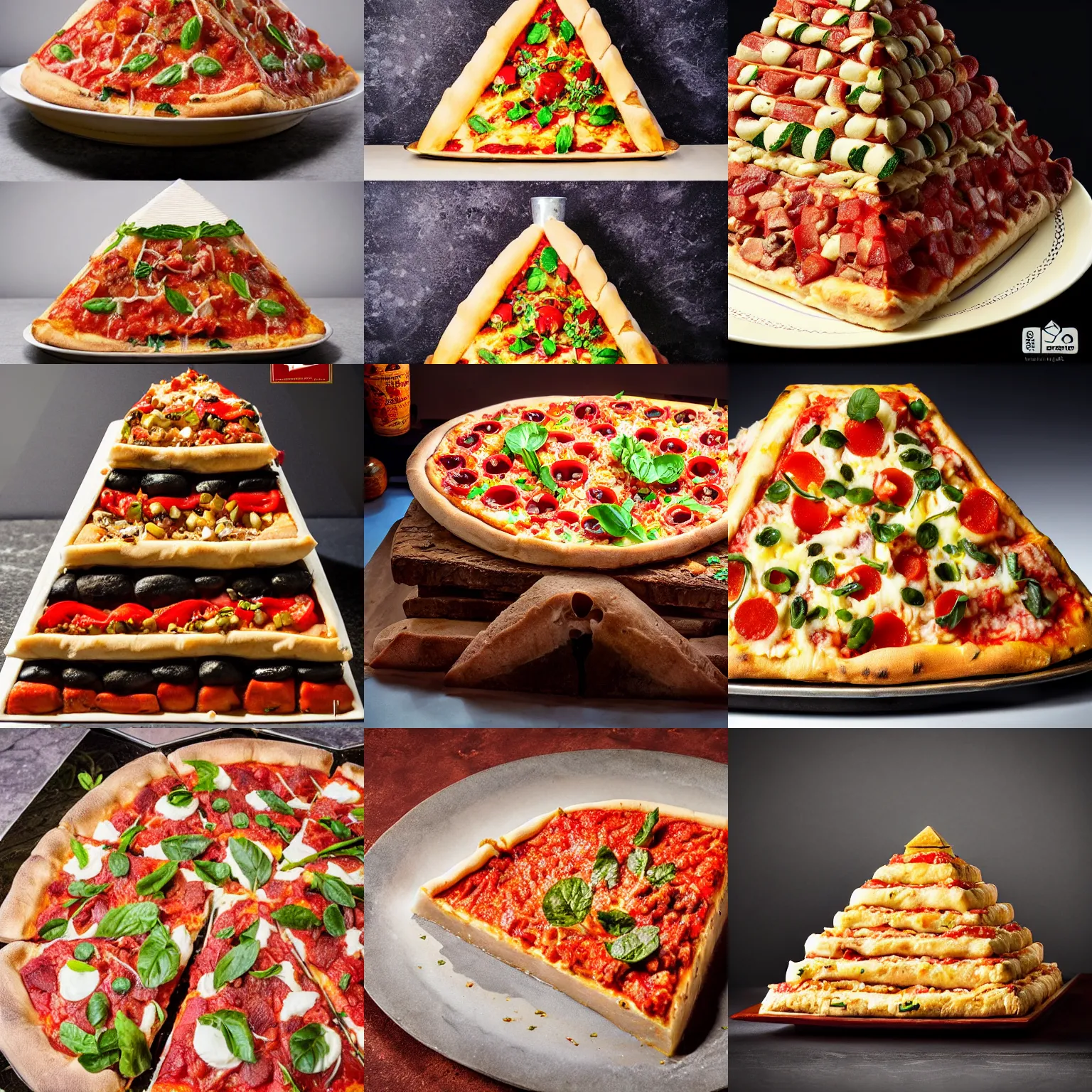 Prompt: egyptian pyramid made of deep dish pizza, professional food photography
