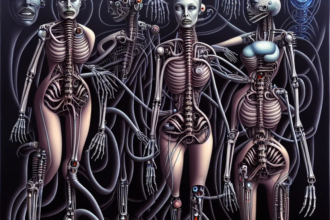 Image similar to A nightmarish dreamscape of two interconnected biomechanical android woman with surreal physiology, high details, surrealism, monochromatic airbrush painting, style of H. R. Giger