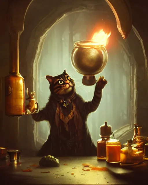 Image similar to oil painting of Anthropomorphized cat witch brewing potion, sharp focus, fantasy style, octane render, volumetric lighting, 8k high definition, by greg rutkowski, highly detailed, trending on art Station, magic the gathering artwork, Alchemist lab backround, centered