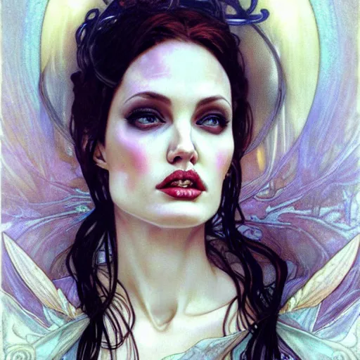 Prompt: realistic detailed face portrait of young Angelina Jolie as a beautiful ethereal Gothic Vampire Bride by Alphonse Mucha, Ayami Kojima, Amano, Charlie Bowater, Karol Bak, Greg Hildebrandt, Jean Delville, and Mark Brooks, Art Nouveau, Neo-Gothic, Surreality, gothic, rich deep moody colors