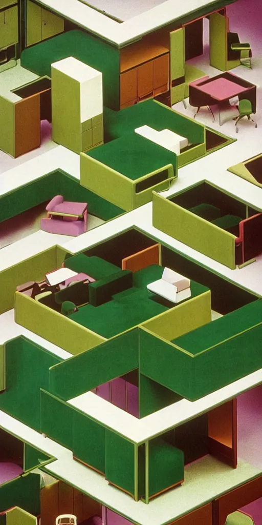 Image similar to huge sprawling gargantuan angular dimension of infinite indoor landscape 7 0 s green velvet and wood with metal office furniture. surrealism, mallsoft, vaporwave. muted colours, 7 0 s office furniture catalogue, shot from above, endless, neverending epic scale by escher and ricardo bofill