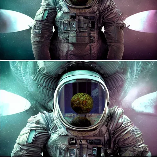 Image similar to concept art by craig mullins astronaut in futuristic dark and empty spaceship underwater. infrared complex and hyperdetailed technical suit. mandelbulb fractal. reflection and dispersion materials. rays and dispersion of light. volumetric light. 5 0 mm, f / 3 2. noise film photo. flash photography. unreal engine 4, octane render. interstellar movie art