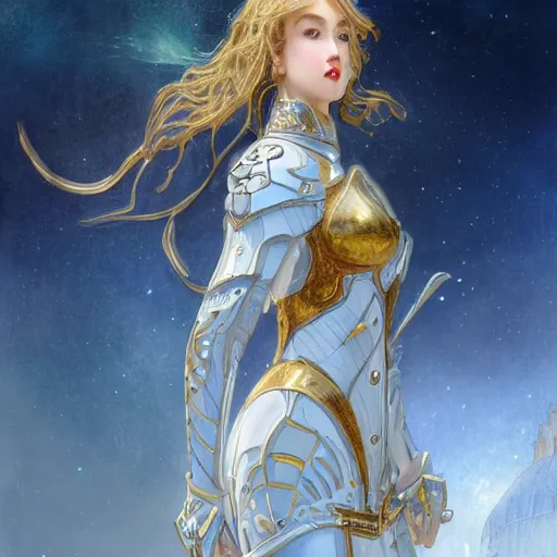 Prompt: portrait knights of Zodiac girl, white and metalic blue color reflected armor, in ruined Agora of Athens starry night, ssci-fi, fantasy, intricate, very very beautiful, elegant, golden light, highly detailed, digital painting, artstation, concept art, smooth, sharp focus, illustration, art by tian zi and WLOP and alphonse mucha