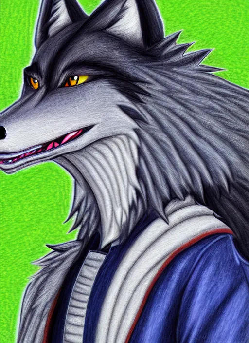 Image similar to expressive stylized master furry artist digital colored pencil painting full body portrait character study of the sergal wolf small head fursona animal person wearing clothes jacket and jeans by master furry artist blotch