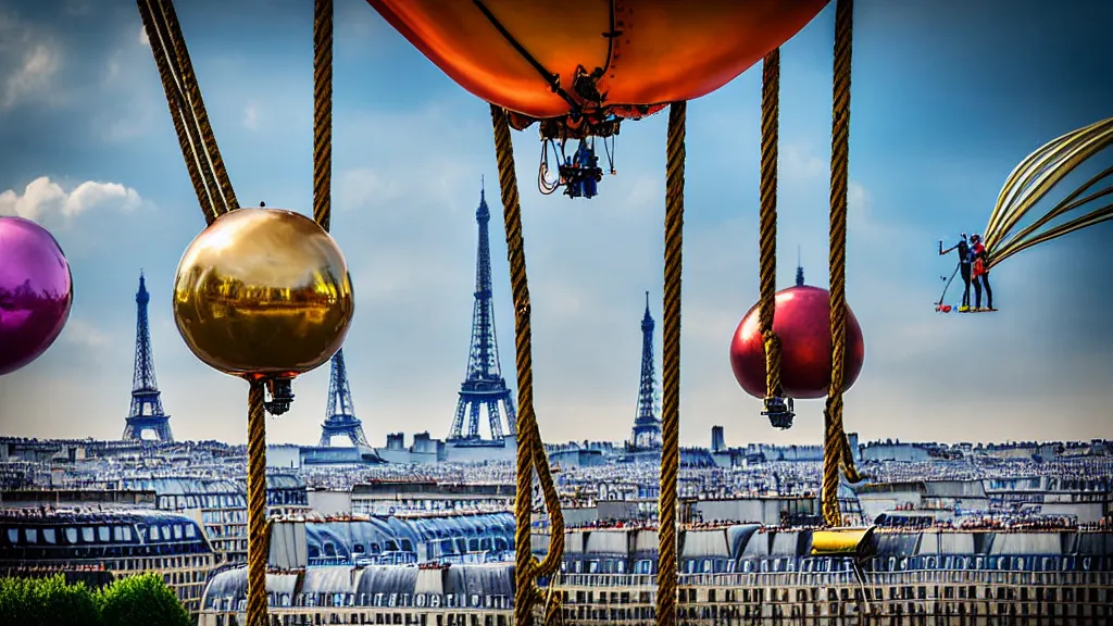 Image similar to large colorful futuristic space age metallic steampunk steam - powered balloons with pipework and electrical wiring around the outside, and people on rope swings underneath, flying high over the beautiful paris city landscape, professional photography, 8 0 mm telephoto lens, realistic, detailed, photorealistic, photojournalism