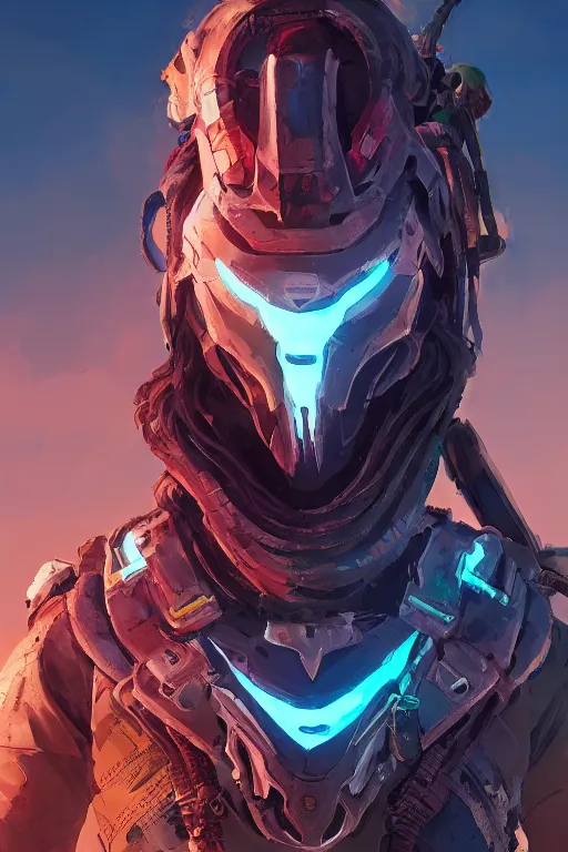 Image similar to combination suit armor aloy horizon forbidden west horizon zero dawn radiating a glowing aura global illumination ray tracing hdr fanart arstation by ian pesty and alena aenami artworks in 4 k tribal robot ninja mask helmet backpack