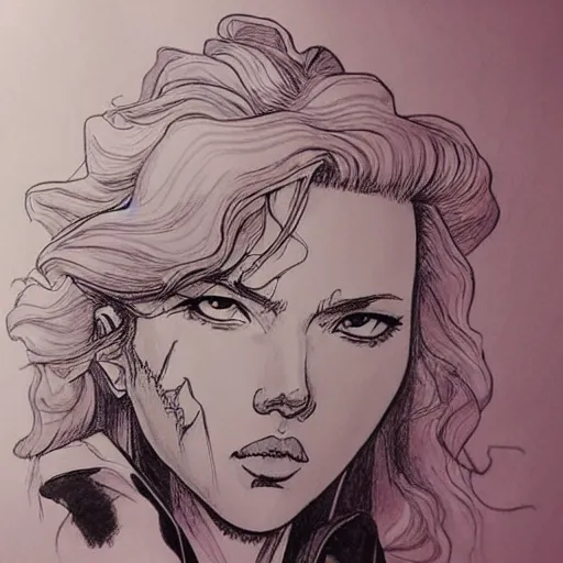 Prompt: 3 panels of scarlett johansson with angry expression, throwing punch, afro samurai anime. dramatic lighting, anime style, pencil and ink manga drawing,