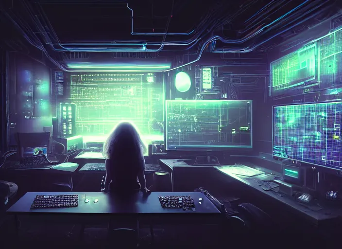 Image similar to a dimly lit room with a cyberpunk girl sat in the middle. a wall of televisions and computer screens showing images of aliens, planets and data. oscilloscope. cyberpunk vibes. sci - fi. realistic photography art. zack snyder. tooth wu and wlop and beeple and greg rutkowski. dslr. 8 k resolution. vray