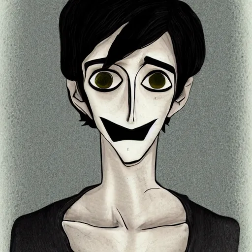 Image similar to young man portrait, black hair, skinny, sleep deprived, corpse bride art style