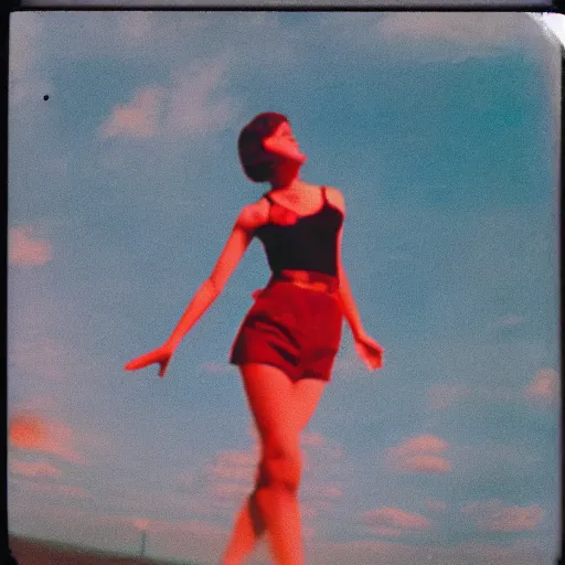 Image similar to vintage polaroid of a dancing young woman in the 60s, low perspective, a nuclear fallout cloud visible in the background, red color bleed, film grain