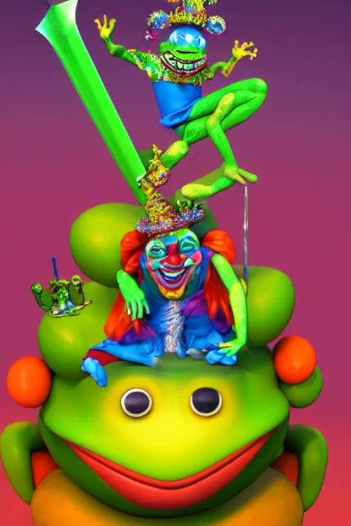 Image similar to clown frog king pulls the sword from the stone, clown frog king wearing clown makeup and rainbow wig, clown crown artwork by Todd Schorr, 3D rendering by Beeple