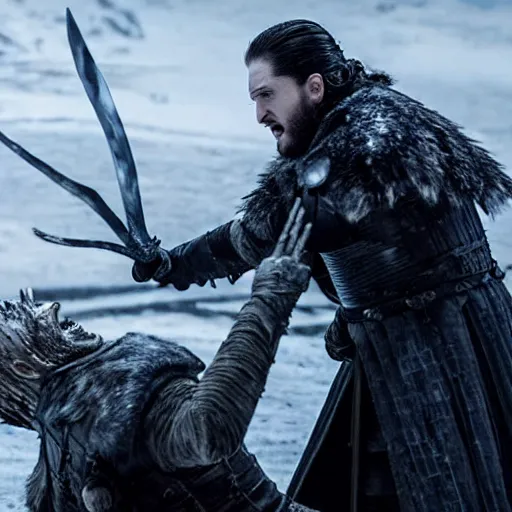 Prompt: the night king killing jon snow, still from game of thrones