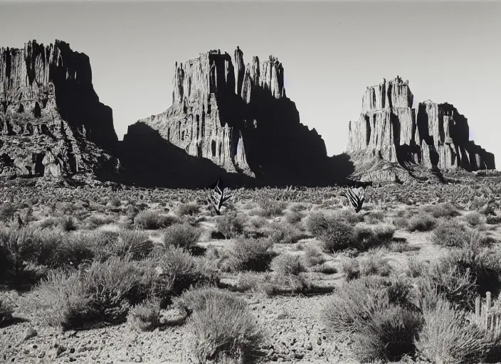 Image similar to Distant view of a huge cathedral mesa with cactus in the foreground, albumen silver print by Timothy H. O'Sullivan.