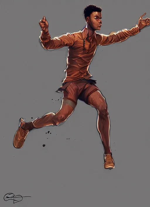 Image similar to a highly detailed illustration of attractive young african guy with short hair wearing track and field suit, heroic jumping pose, by greg rutowski, intricate, elegant, highly detailed, centered, digital painting, artstation, concept art, smooth, sharp focus, league of legends concept art, wlop