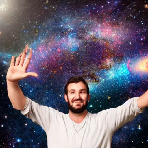 Prompt: man holding a bunch of galaxies in his hands