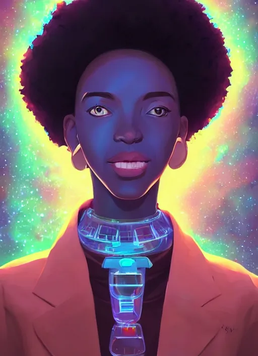 Prompt: afro - futurist scientist in a lab studying holographic schematics + medium length shot | hyperrealistic digital painting by makoto shinkai, ilya kuvshinov, lois van baarle, rossdraws | afrofuturism, in the style of hearthstone, trending on artstation | blue palette