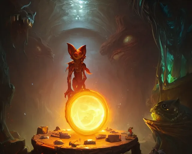 Prompt: a 4 k cinematic screenshot still portrait of a gremlin in a dark liminal space room surrounded by amber, deep focus, d & d, fantasy, intricate, elegant, highly detailed, digital painting, art station, concept art, matte, sharp focus, illustration, dark fantasy style art, hearthstone, art by artgerm and greg rutkowski and alphonse mucha