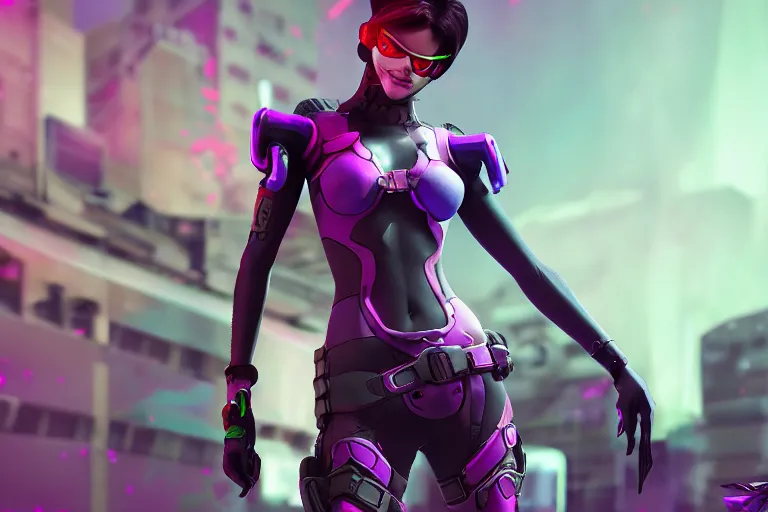 Image similar to widowmaker, overwatch, cyberpunk background, digital art, high detailed, octane render, artstation, 3 d render