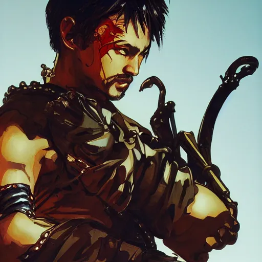 Image similar to portrait of a hero holding his sword in front of his face by yoji shinkawa, high quality, extra details, realism, ornate, colored, golden chain, blood, white skin, short hair, brown eyes, vivid, sunlight, dynamic, american man, freedom