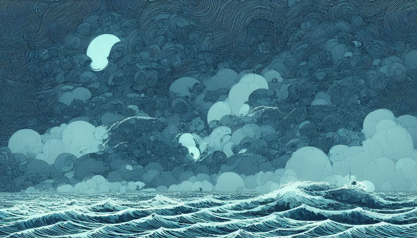 Image similar to storm at sea by nicolas delort, moebius, victo ngai, josan gonzalez, kilian eng