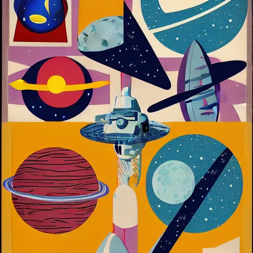 Prompt: A collage of Space Travel, mid-century modern, made random shapes cut from magazines