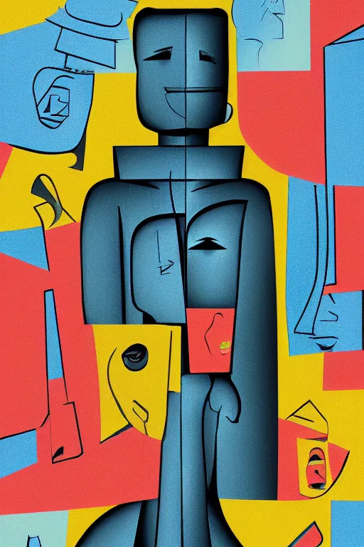 Image similar to cubist moai statue cutout digital illustration cartoon colorful beeple