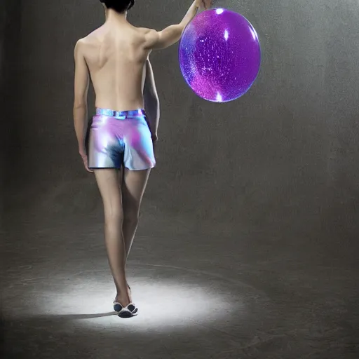 Image similar to a giant iridescent soap bubble in front of a beautiful athletic slim young korean male dressed by alexander mcqueen, photographed by erwin olaf for an art gallery