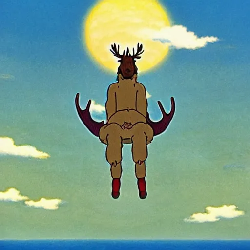 Image similar to \'Moose God\' by Studio Ghibli, now considered by art critics to be one of the most iconic and beautiful pieces of art in the 21st century