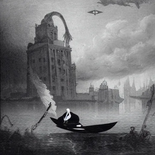 Image similar to charon and a banker in a reaper boat in the river styxx with submerged buildings in the background