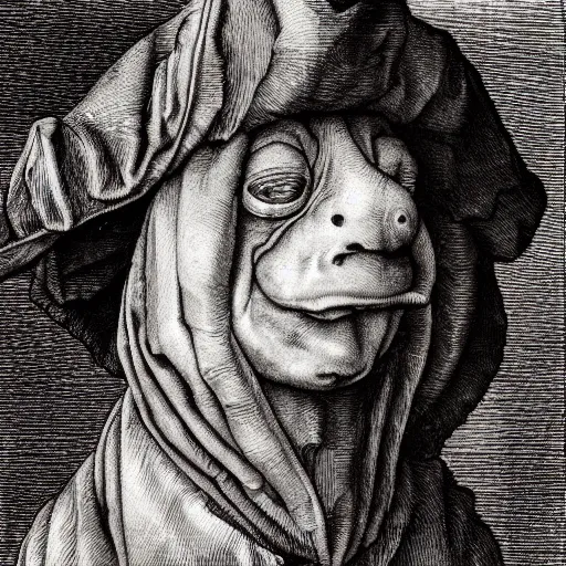 Image similar to traditional portrait of kermit in front of a window, close up, realistic, drawing by Albrecht Dürer