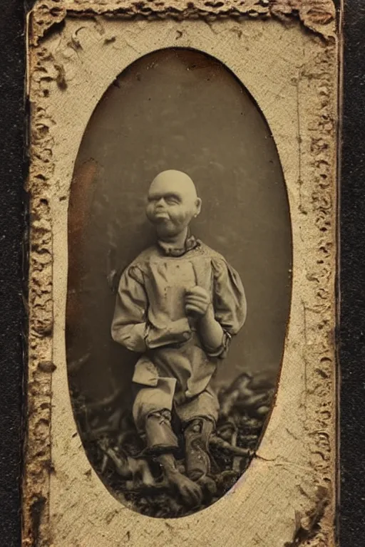 Prompt: dirty crying vintage possessed bald doll sitting in dirt basement cobwebs rats and vermin tintype photo