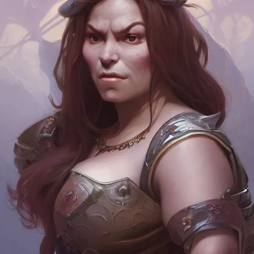 Image similar to female ogre, deep focus, d & d, fantasy, intricate, elegant, highly detailed, digital painting, artstation, concept art, matte, sharp focus, illustration, hearthstone, art by artgerm and greg rutkowski and alphonse mucha