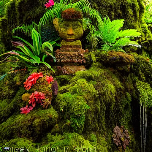 Prompt: a jungle temple surrounded by moss and tropical flowers, with a sunset, by alex horley, bokeh photography, amaranth colour