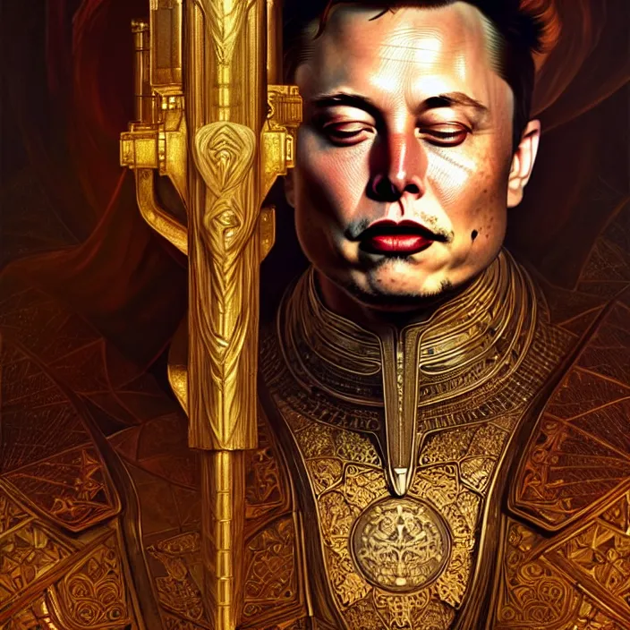 Image similar to ancient king elon musk, symetrical, diffuse lighting, fantasy, intricate, elegant, highly detailed, lifelike, photorealistic, digital painting, artstation, illustration, concept art, 4 k, smooth, sharp focus, art by john collier and albert aublet and krenz cushart and artem demura and alphonse mucha