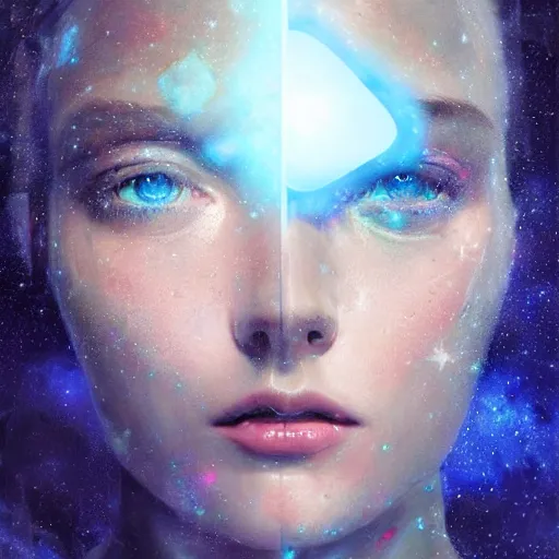 Prompt: sci - fi, 3 d, stars, fashion model face blue eyes, cinematic, clouds, moon rays, vogue cover style, poster art, blue mood, realistic painting, intricate oil painting, high detail illustration, figurative art, multiple exposure, water, 3 d, by tooth wu and wlop and beeple and greg rutkowski