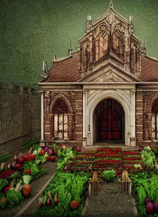 Image similar to chapel building made of vegetables, 8 k, artstation, highdetailed