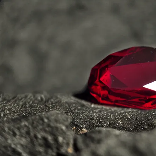 Prompt: a deep red, glowing, long crystal on a rock, film grain