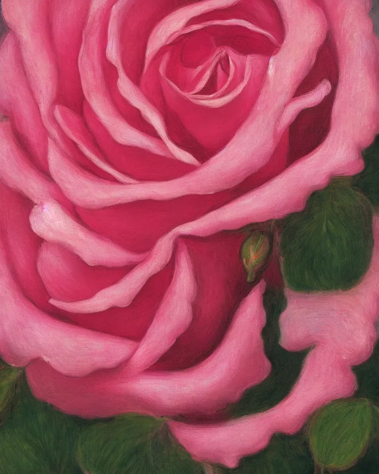 Prompt: achingly beautiful extreme close up painting of blooming pink rose by rene magritte, monet, and turner. piranesi. macro lens, symmetry, circular.