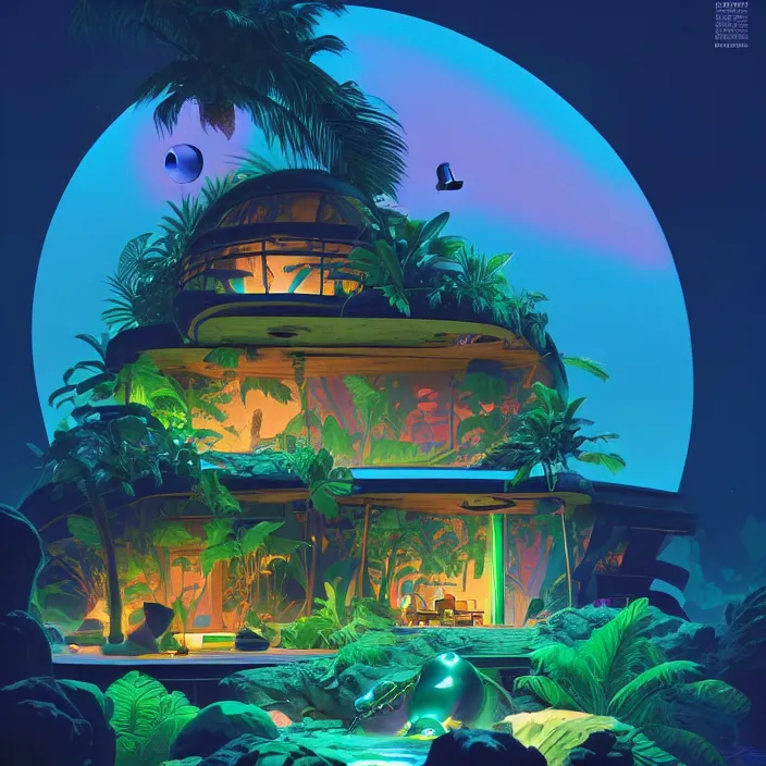 Image similar to a bioluminescent tropical cottage by paolo eleuteri serpieri and tomer hanuka and chesley bonestell and daniel merriam and tomokazu matsuyama, unreal engine, high resolution render, featured on artstation, octane, 8 k, highly intricate details, vivid colors, vector illustration