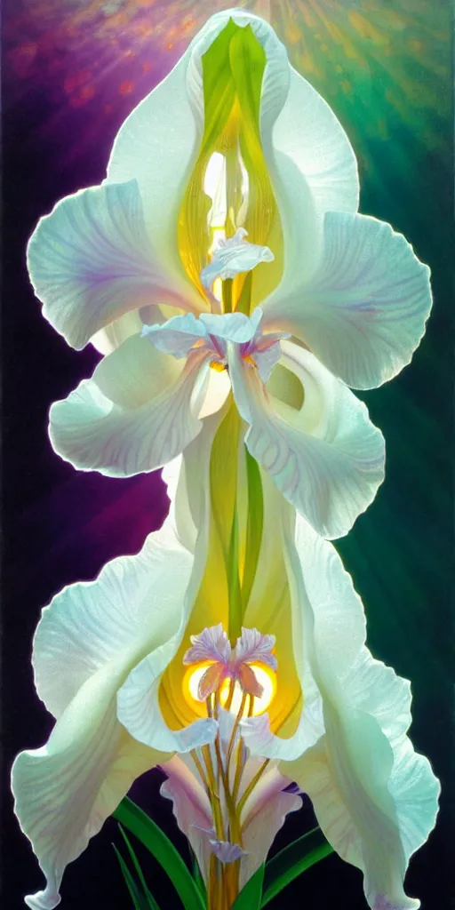 Image similar to detailed giant white holographic orchid iris hybrid flower, lsd water, lsd ripples, droplets, backlit, sunset, refracted lighting, art by collier, albert aublet, krenz cushart, artem demura, alphonse mucha