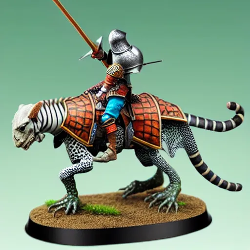 Image similar to A medieval knight riding on a giant two legged leopard gecko, highly detailed, painted wargaming miniature