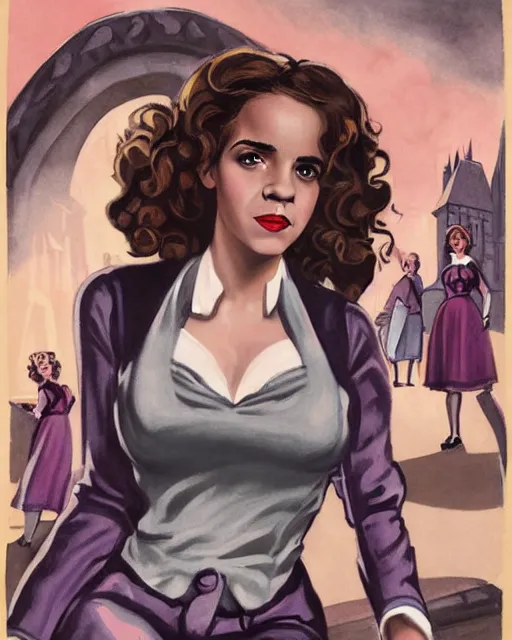 Image similar to pinup photo of hermione granger by emma watson in the crowded square of hogwarts, by enoch bolles, glossy skin, pearlescent, very coherent, very detailed