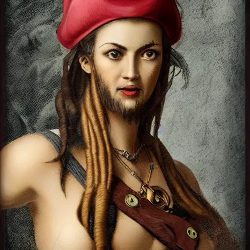 Image similar to fierce, happy, female pirate captain, fully clothed, art by michelangelo. detailed. 8 k