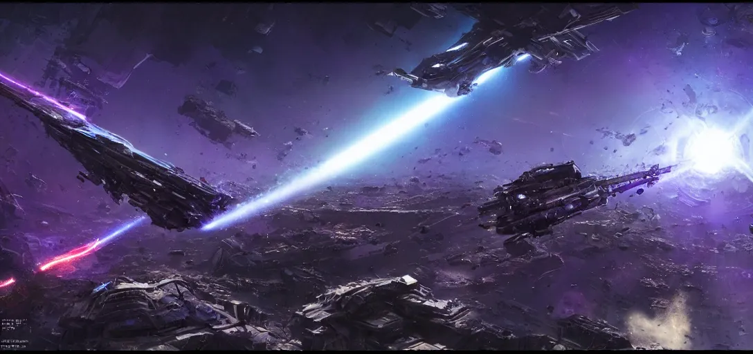 Prompt: Wide shot of a chrome spaceship in battle , explosions and purple lasers, burning wrecks. Asteroid belt. Scenic view, in the void of space, underexposed, matte painting by Craig mullins and Emmanuel_Shiu and john berkey, cinematic, dark sci-fi, concept art trending on artstation, movie quality , 4k, insane details, ultra realistic