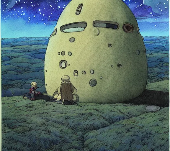 Image similar to hyperrealist studio ghibli watercolor fantasy concept art of an immense ufo from howl's moving castle sitting on stonehenge like a stool. it is a misty starry night. by rebecca guay, michael kaluta, charles vess