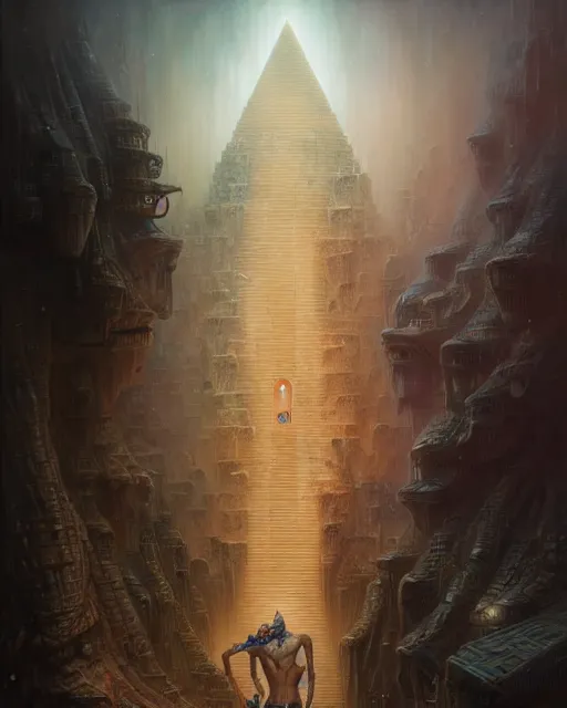 Image similar to inside a small pyramid made of pyramids and eyes fantasy character portrait, ultra realistic, wide angle, intricate details, blade runner artifacts, highly detailed by peter mohrbacher, boris vallejo, hajime sorayama aaron horkey, gaston bussiere, craig mullins