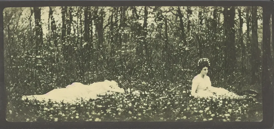 Image similar to beautiful woman on the ground covered in flowers, Forest, ray gods, 1910 polaroid photography